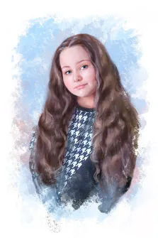 Детский портрет Под масло, голубоглазая девочка с длинными волнистыми волосами изображена на светлом фоне, художник Евгения 