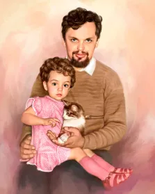 Семейный портрет Под масло, кареглазый мужчина с кудрявыми русыми волосами держит на руках маленькую дочку, у дочки тоже кудрявые русые волосы, художник Анастасия 