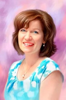 Женский портрет Под масло, голубоглазая женщина в голубом платье с узорами изображена на абстрактном цветном фоне в розовых тонах, художник Анастасия 