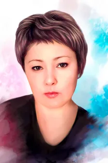 Женский портрет Под масло, кареглазая женщина с короткой стрижкой на цветном фоне, художник Артём