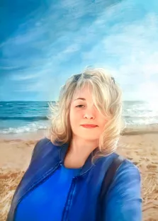 Портрет светловолосой женщины в синей куртке и в синей футболке на фоне моря, работа стилизована Под масло, художник Анастасия 