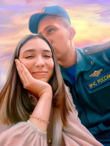 Парный портрет Под масло, молодой человек в военной форме целует девушку с длинными и прямыми волосами, художник Юлия 