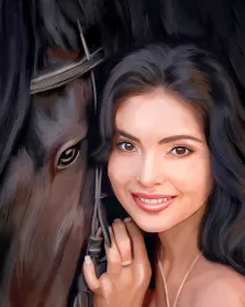 Брюнетка с карими глазами стоит с конём в обнимку, портрет написан маслом, художник Юлия 