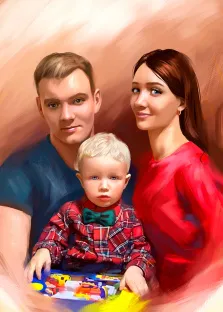 Портрет семьи из трёх человек отрисован маслом, молодой человек в синей футболке держит на руках сына в красной клетчатой рубашке с бабочкой, рядом стоит голубоглазая девушка в красном платье, художник Александра 