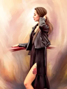 Женский портрет Под масло, девушка в чёрном платье и в чёрной кожаной куртке, художник Анастасия 
