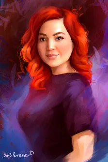 Женский портрет Под масло, кареглазая девушка с красными волосами и в фиолетовой футболке изображена на абстрактном фиолетовом фоне, художник Александра 