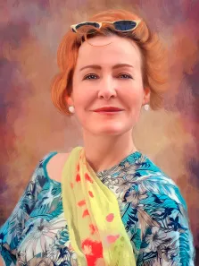 Женский портрет Под масло, рыжеволосая женщина с очками на голове и в голубом узорчатом платье изображена на цветном абстрактном фоне, художник Юлия 