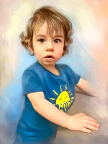 Портрет кареглазого мальчика с кудрявыми волосами и в синей футболке стилизован Под масло, художник Анастасия 