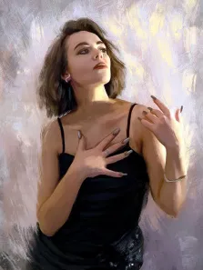 Портрет позирующей девушки с причёской каре и в чёрном платье, картина стилизована Под масло, художник Юлия 