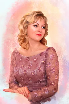 Женский портрет Под масло, светловолосая девушка в малиновом платье изображена на светлом фоне, художник Софья 