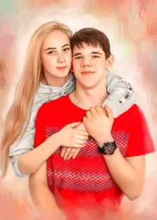 Портрет молодой пары Под масло, девушка блондинка в белой кофте обнимает кареглазого молодого человека в красной футболке и с часами на запястье, художник Анастасия 
