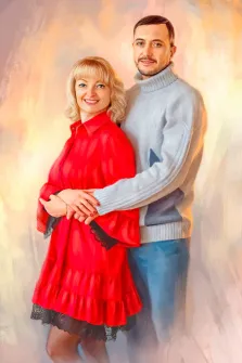 Парный портрет Под масло, мужчина в светлом свитере обнимает светловолосую женщину в красном платье, художник Анастасия 