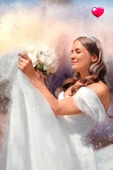 Женский портрет Под масло, девушка в свадебном белом платье с букетом в руках изображена на светлом абстрактном фоне, художник Юлия 