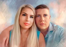 Парный портрет Под масло, девушка блондинка и голубоглазый молодой человек изображены на нейтральном фоне, художник Анастасия 