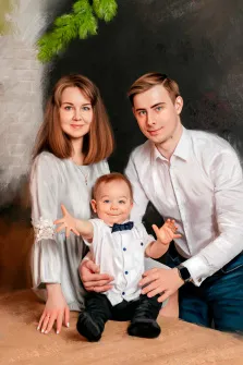 Семейный портрет Под масло: молодой человек, девушка и маленький сын, художник Александра 