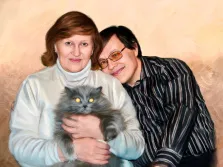 Семейный портрет Под масло: две женщины и кошка серой окраски, художник Александра 