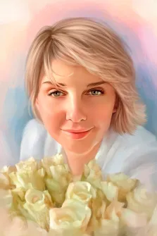 Женский портрет выполнен Под масло, светловолосая девушка с букетом цветов на нейтральном фоне, художник Анастасия 