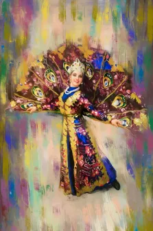 Женский портрет Под масло, девушка в народном костюме изображена на цветном фоне, художник Юлия 
