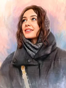 Женский портрет Под масло, девушка с каштановыми волосами и в зимней одежде на нейтральном фоне, художник Анастасия 
