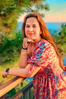 Женский портрет Под масло, девушка в летнем цветном платье на фоне природы, художник Анастасия 