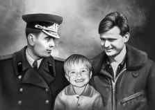 Семейный портрет Под масло в чёрно-белых тонах, двое мужчин в военной форме и мальчик, художник Анастасия 
