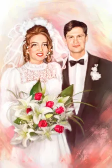 Парный свадебный портрет Под масло по фото, девушка в белом свадебном платье с букетом цветов в руках и молодой человек в классическом костюме с белой рубашкой и бабочкой, художник Анастасия 