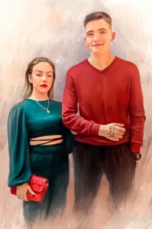 Парный портрет Под масло: девушка в наряде изумрудного цвета держит за руку молодого человека в красном свитере, художник Анастасия 