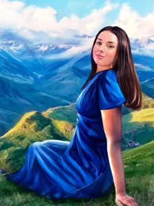 Девушка в синем платье сидит на фоне гор, портрет написан Под масло, художник Артём