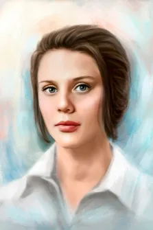Портрет девушки с каштановыми волосами на светлом нейтральном фоне  стилизован Под масло, художник Анастасия 