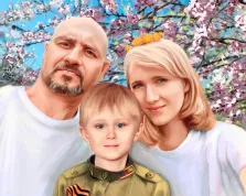 Семейный портрет Под масло: мать, отец и сын на фоне цветущего дерева, художник Александра 