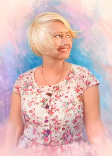 Женский портрет Под масло, женщина с короткими светлыми волосами и в летнем светлом платье изображена на цветном светлом фоне, художник Софья 