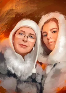 Портрет двух девушек в зимней одежде на однотонном коричневом фоне стилизован Под масло, художник Анастасия 