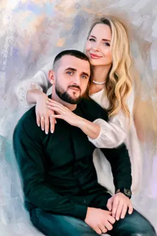 Парный портрет Под масло: светловолосая девушка обнимает бородатого молодого человека, художник Александра 