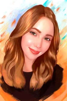 Женский портрет Под масло, кареглазая девушка со светло-русыми волосами на цветном фоне, художник Александра 