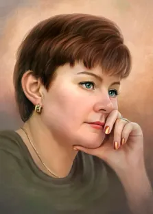 Портрет зеленоглазой женщины с короткой стрижкой исполнен Под масло, художник Анастасия 