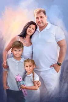 Семейный портрет Под масло на светлом фоне, девушка брюнетка, мужчина в белой поло рубашке и в белых штанах и двое детей, художник Павел 