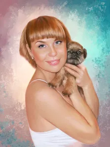 Женский портрет Под масло, светловолосая девушка в белой майке держит на руках маленькую собаку, фон выполнен в цветных тонах, художник Софья 
