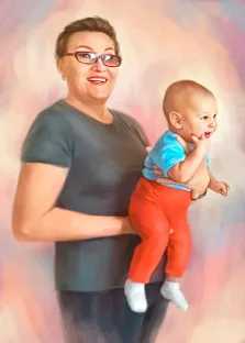 Женщина в очках и с короткой стрижкой держит на руках маленького ребёнка, портрет написан Под масло, художник Анастасия 
