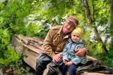Семейный портрет Под масло, дедушка с внуком на природе, художник Александра 