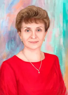 Женский портрет Под масло: голубоглазая женщина в красном платье на цветном фоне, художник Александра 