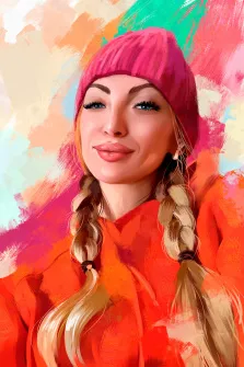 Портрет голубоглазой девушки в розовой шапке и в красной куртке, у девушки заплетены косички, портрет Под масло на цветном фоне, художник Александра 