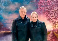 Парный портрет Под масло на фоне парка, мужчина и женщина в кожаных куртках, художник Артём