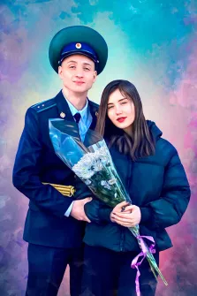 Молодой человек в военной парадной форме и девушка в чёрной пуховой куртке с букетом цветов в руках, портрет Под масло, художник Артём