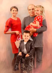 Семейный портрет Под масло: женщина в красном платье, мужчина с дочкой на руках и мальчик в кожаной куртке, художник Анастасия 