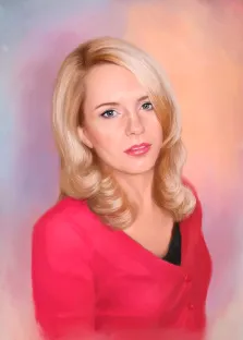Женский портрет Под масло, голубоглазая девушка блондинка в красном свитере, художник Софья 