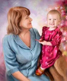 Семейный портрет Под масло: бабушка с маленькой внучкой на цветном фоне, художник Александра 