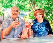 Мужчина в очках и в рубашке с короткими рукавами и женщина в синем платье, пара держит бокалы с напитками, портрет стилизован Под масло, художник Александра 