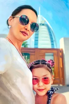 Мама с дочкой в солнечных очках на курорте, портрет Под масло, художник Анастасия 