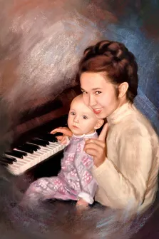 Семейный портрет Под масло по фото, женщина с маленьким ребёнком на руках сидит за пианино, художник Александра 
