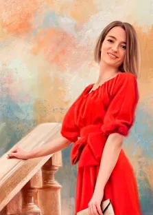 Русоволосая девушка в красном платье на цветном фоне, портрет Под масло, художник Александра 